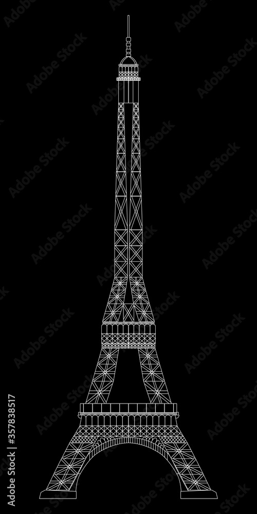 Eiffel Tower isolated on black background. Real scale image
