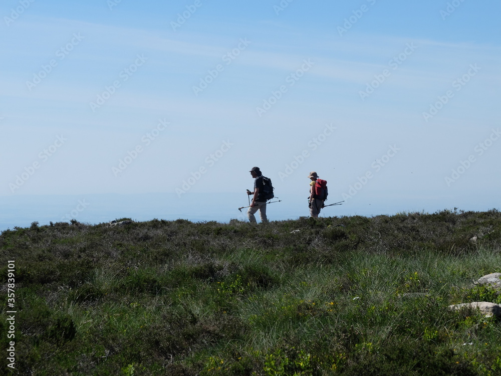 deux randonneurs dans la lande qui marchent avec bâtons