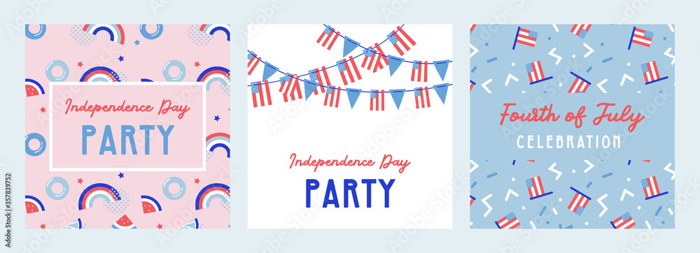 Naklejka premium American Independence Day celebrations. greeting design with USA patriotic colors. Collection of greeting background designs, 4th of july, social media promotional content. Vector illustration