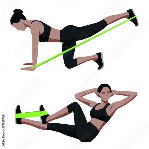 Fit girl doing sport exercises with elastic band, fitness at home, vector illustration.