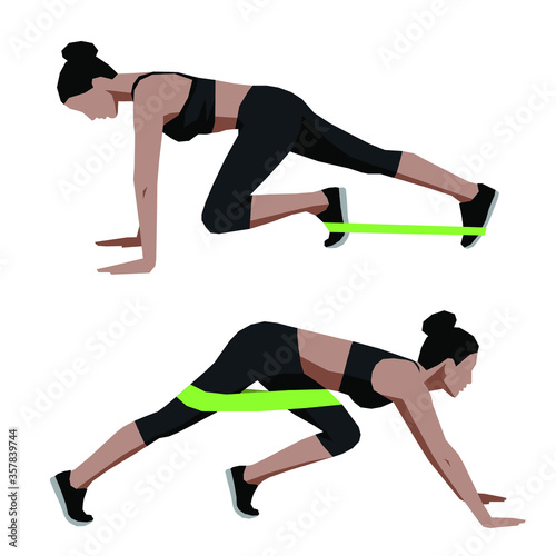 Girl in sportswear doing sport exercises at home with elastic band. Flat vector illustration.
