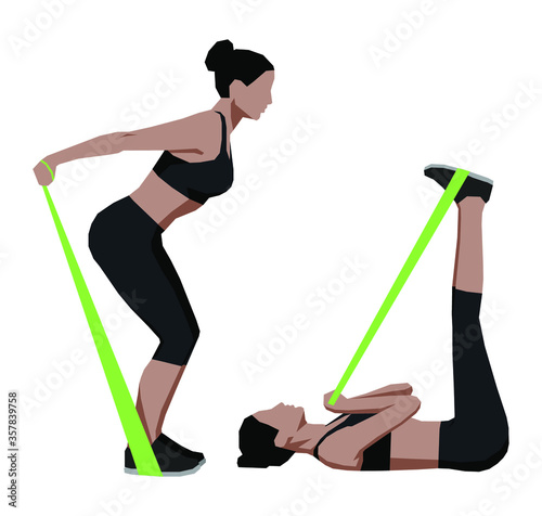 Girl doing sport exercises with elastic band, fitness with resistance band at home, vector illustration.
