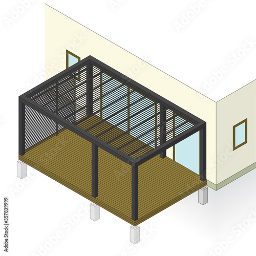 Plan of garden terrace at family house in isometric perspective. Outdoor seating, vector construction drawing. Wooden pergola, light structure located in garden. External shading against sunlight heat