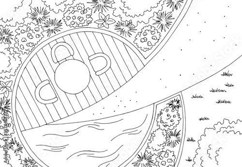 Garden landscape architect design backyard plan graphic black white sketch aerial view illustration vector