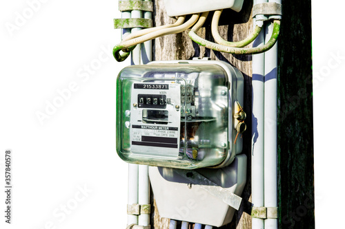 Electricity meter reading with green leaves background, Meter measuring instrument, Watt-hour meter to measure electricity consumption use in home, Watt-hour meter with nature in rural countryside