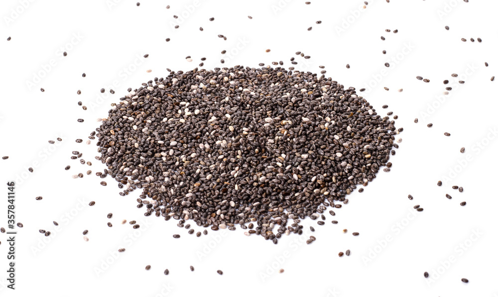 a pile of organic Chia seeds rich in omega-3 fatty acids, side view isolated on a white background