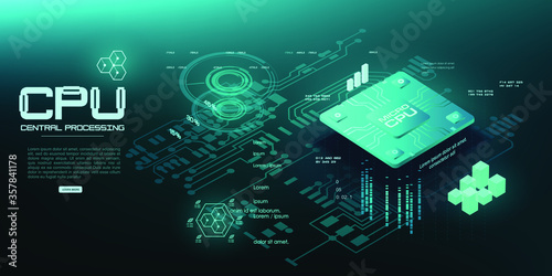 Futuristic central microprocessor for personal computing device. A quantum computer for processing and computing large amounts of information. Microprocessor in isometric view on green background. Dig