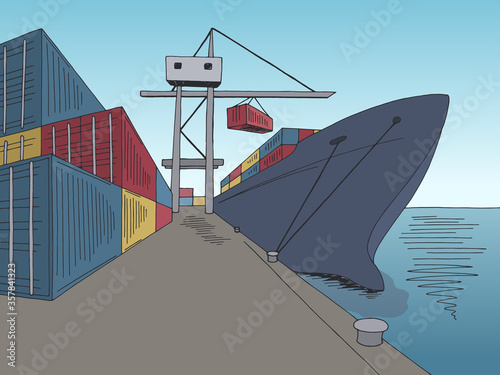 Port loading dry cargo ship graphic color sea landscape sketch illustration vector