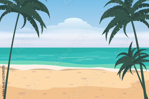 Summer beach on sea ocean coast  palms sand surf