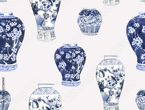 Wallpaper Mural Watercolor cobalt blue vases, Vases in the Chinese style  Torontodigital.ca