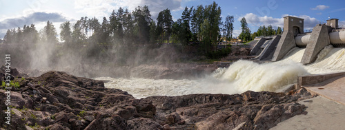 The Imatra Rapids (Imatrankoski) on the Vuoksa River in Imatra. Spillway on hydroelectric power station dam musical show. National landscape of Finland