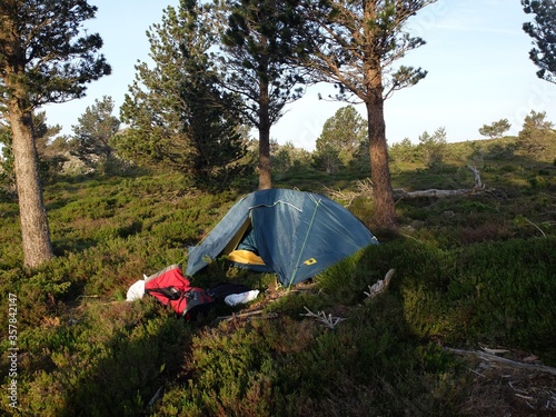 Tente verte de bivouac de camping en montagne seul