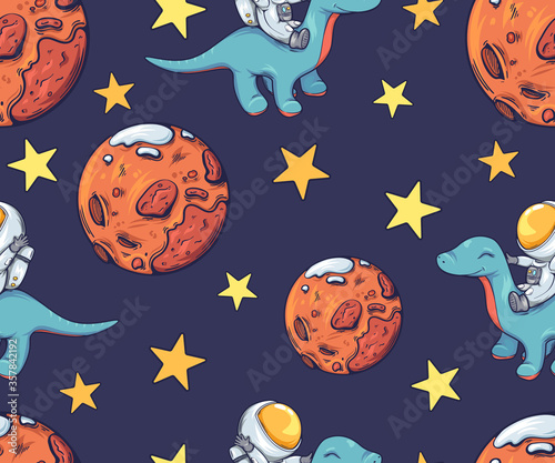 Seamless pattern with cute astronaut, dinosaur and planets Mars