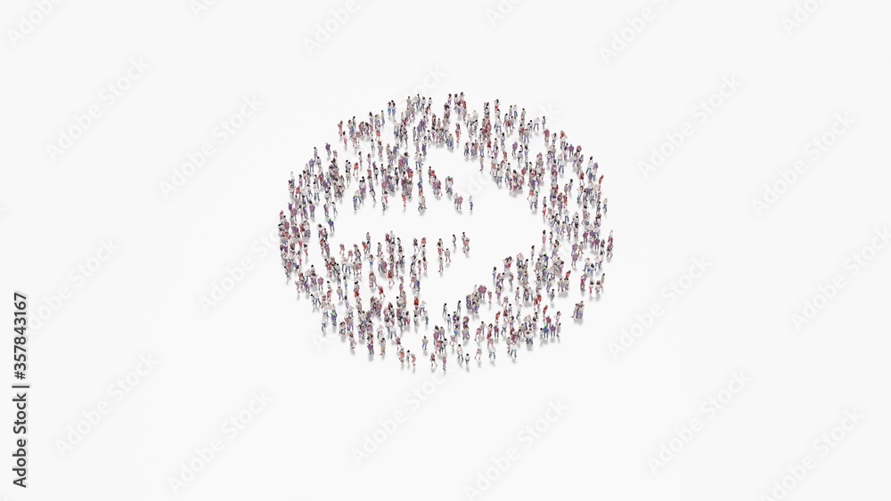 3d rendering of crowd of people in shape of symbol of right arrow in circle on white background isolated