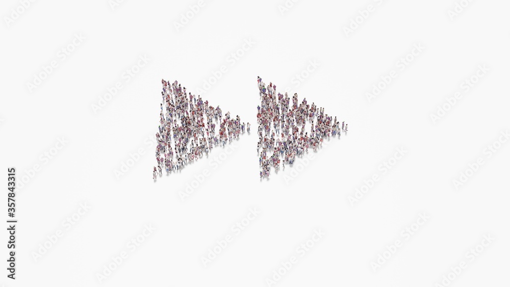 3d rendering of crowd of people in shape of symbol of double right arrows on white background isolated 3d rendering of crowd of people in shape of symbol of double right arrows on white background isolated