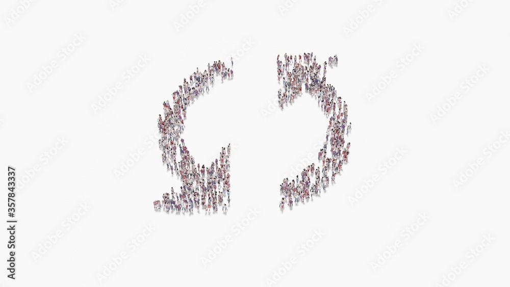 3d rendering of crowd of people in shape of symbol of double refresh arrow on white background isolated 3d rendering of crowd of people in shape of symbol of double refresh arrow on white background isolated