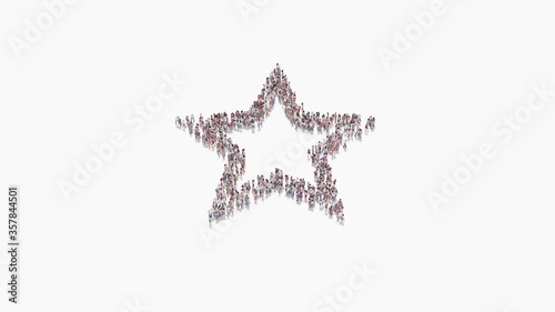 3d rendering of crowd of people in shape of symbol of bookmark button on white background isolated