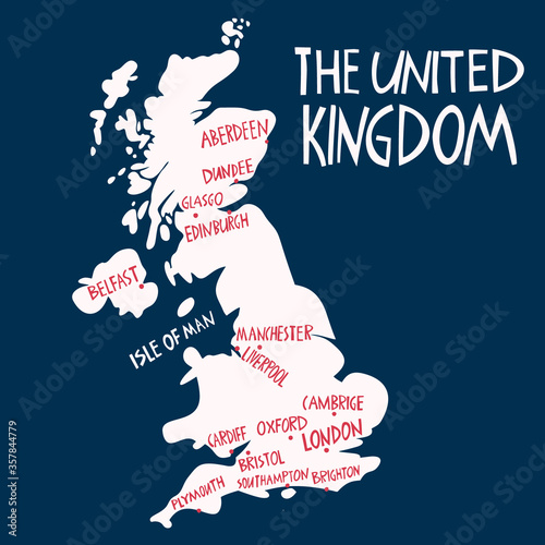 Vector hand drawn stylized map of the United Kingdom. Travel illustration of Great Britain cities. Hand drawn lettering illustration. Europe map element