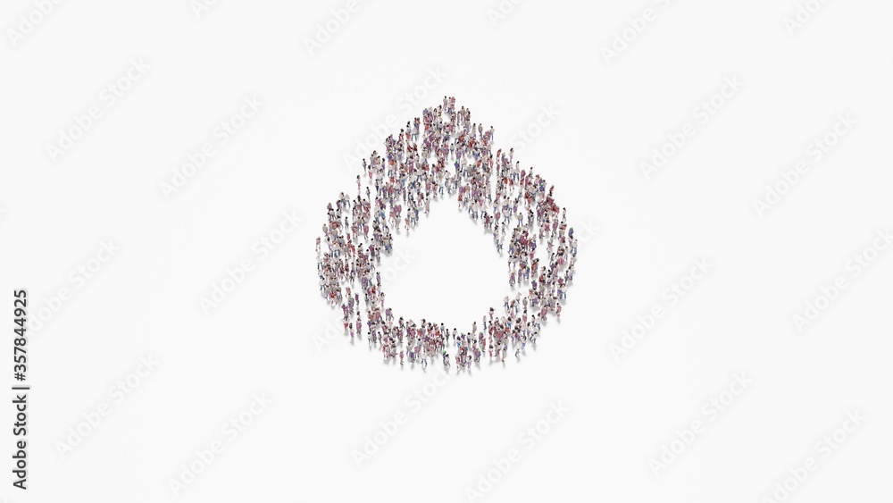 3d rendering of crowd of people in shape of symbol of flame on white background isolated