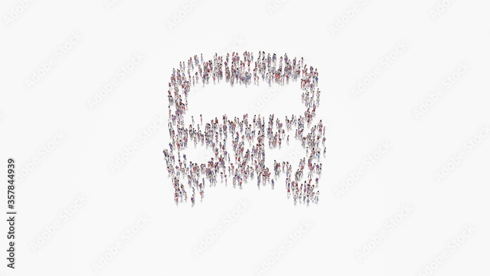 3d rendering of crowd of people in shape of symbol of front view of a bus on white background isolated