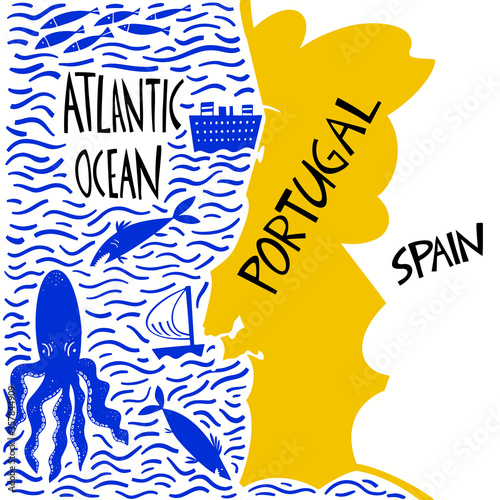 Vector hand drawn stylized map of Portugal. Travel illustration of Portuguese Republic with water names. Hand drawn lettering illustration. Europe map element
