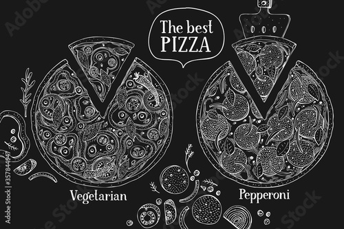 Hand drawn pizza banner. Vector Italian pizza illustrations on chalk board. Retro fast food background