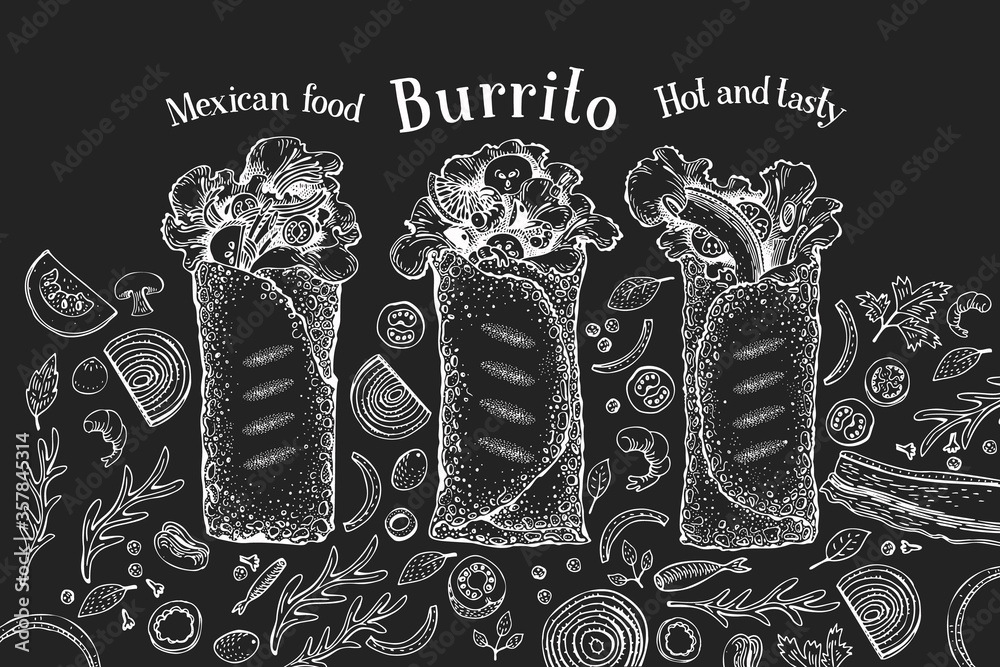 Hand drawn burrito banner. Vector fast food illustrations on chalk board. Retro junk food background - obrazy, fototapety, plakaty 