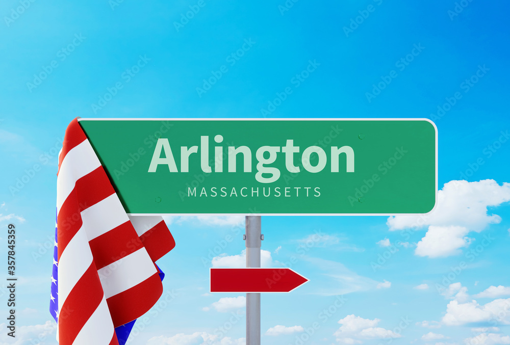 Arlington Massachusetts. Road or Town Sign. Flag of the united states