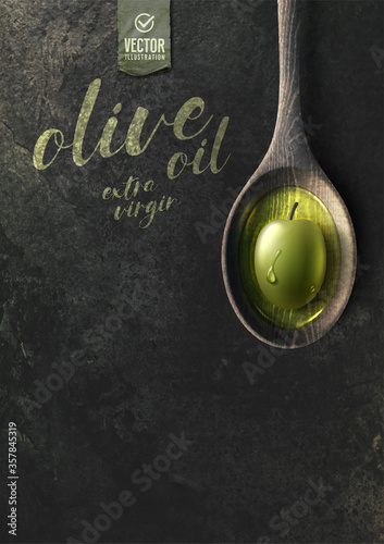Vector realistic olive illustration, wooden spoon and oil on black stone background