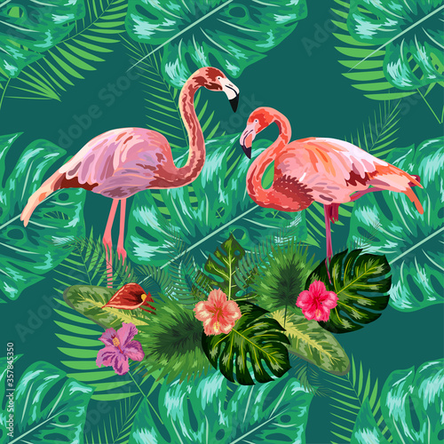 Trendy seamless pattern pink flamingo birds couple. Bright camelia flowers. Tropical monstera green leaves.