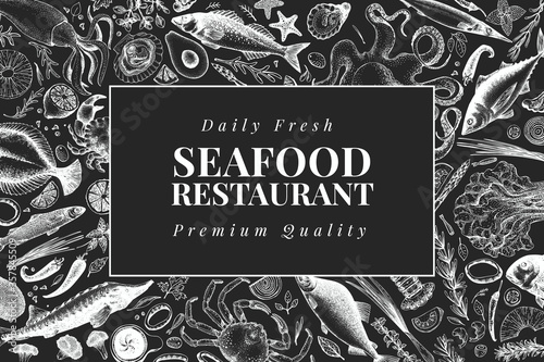 Hand drawn seafood design template. Vector crabsfishes and oystrers illustrations on chalk board. Retro marine background