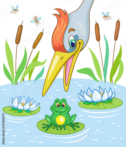 Summer sketch on the lake. Great grey heron and little green frog. In cartoon style. On a white background. Vector illustration.
