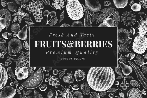 Hand drawn fruits and berries design template. Vector fruits illustrations on chalk board. Retro food background