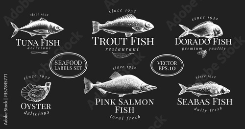Labels with seafood. Retro set templates price tags for shops and markets. Vector illustrations on chalk board.