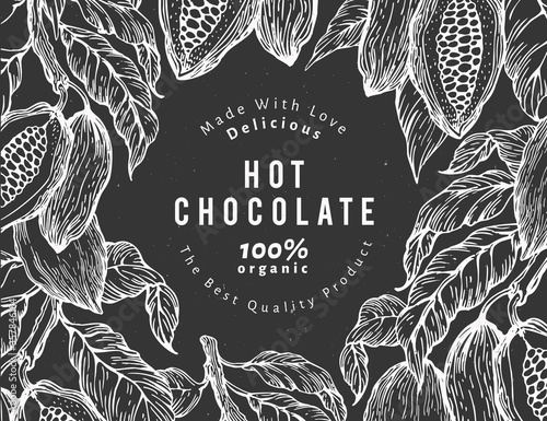 Hand drawn cocoa design template. Vector cacao plants illustrations on chalk board. Retro natural chocolate background
