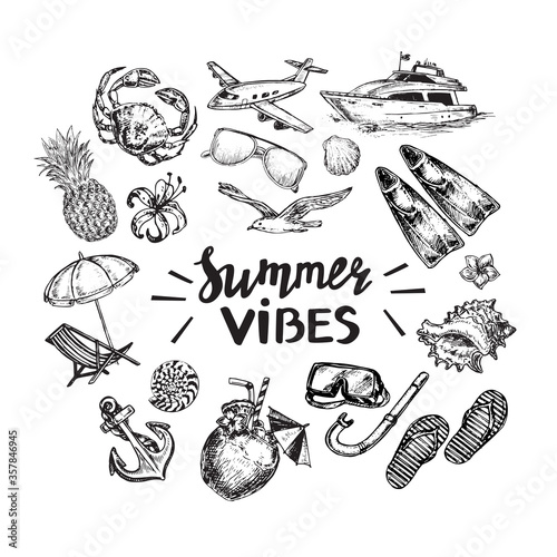 Hand drawn sketch illustration set summer card on a white background. Crab, shells, flippers, boat, seagull, pineapple