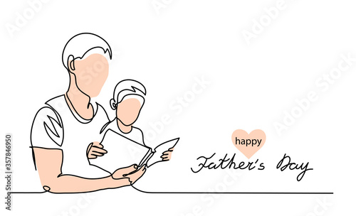 Happy Fathers day vector background, web banner, poster. Dad and kid read a book together. One continuous line drawing banner with lettering Fathers day.