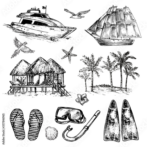 illustration on a white background. Boat, ship, parrot, flippers and palm trees