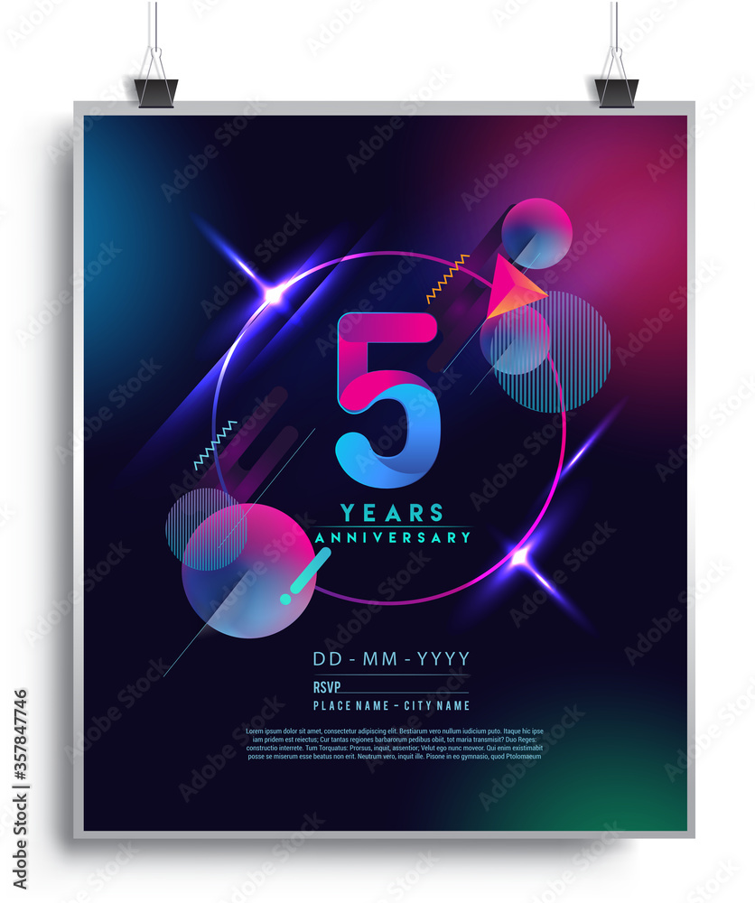 Fototapeta premium 5th Years Anniversary Logo with Colorful Abstract Geometric background, Vector Design Template Elements for Invitation Card and Poster Your Birthday Celebration.