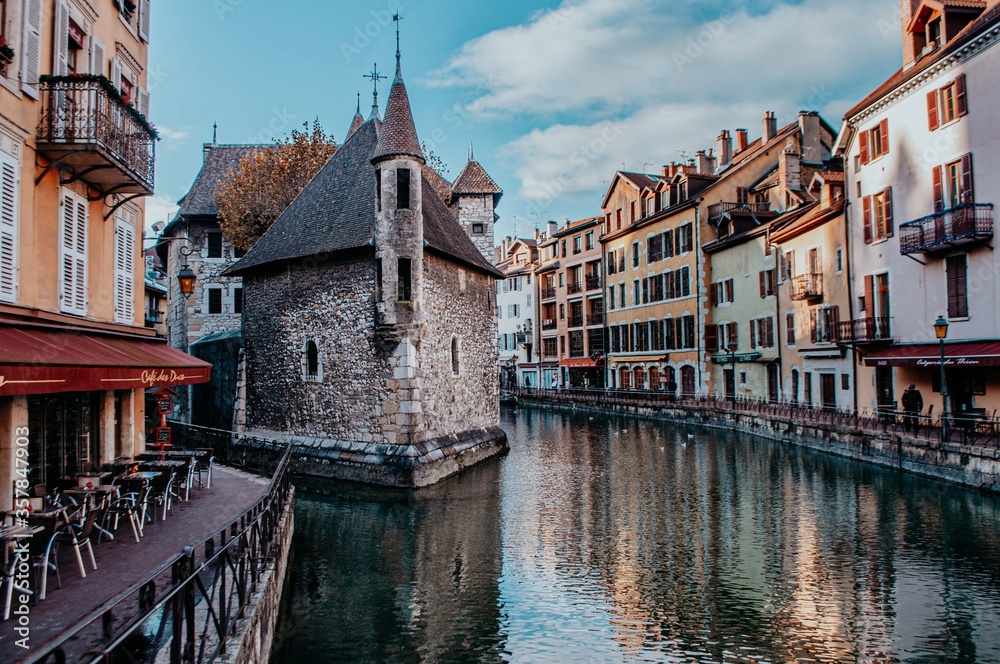 Ancient buildings and canals in Annecy, France.