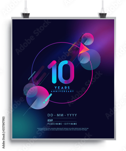 10th Years Anniversary Logo with Colorful Abstract Geometric background, Vector Design Template Elements for Invitation Card and Poster Your Birthday Celebration.
