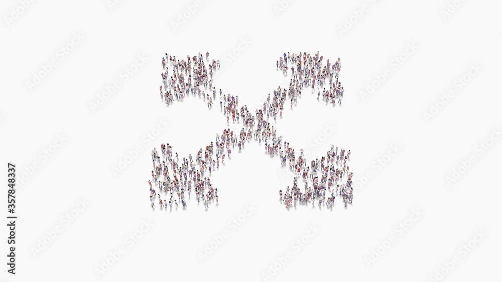 3d rendering of crowd of people in shape of symbol of expand arrows on white background isolated 3d rendering of crowd of people in shape of symbol of expand arrows on white background isolated