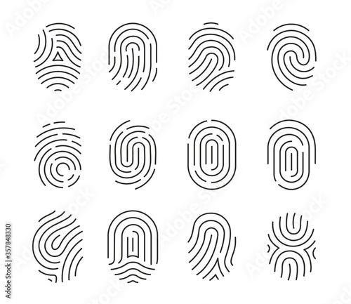 Vector illustration set of black fingerprint icons isolated on white background. Fingerprint Identification Symbol.