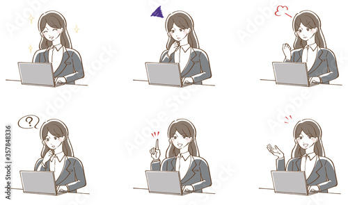 パソコンを操作する女性　スーツ　イラスト