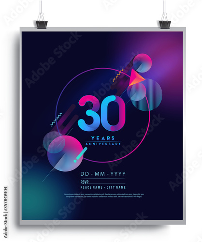 30th Years Anniversary Logo with Colorful Abstract Geometric background, Vector Design Template Elements for Invitation Card and Poster Your Birthday Celebration.