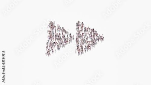 3d rendering of crowd of people in shape of symbol of forward on white background isolated