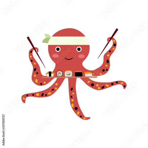 Cute little octopus eating asian food - sushi and roll set from the plate. Vector illustration of kawaii sea animal degusting japanese traditional dishes. Flat design for menu, prints or souvenirs photo