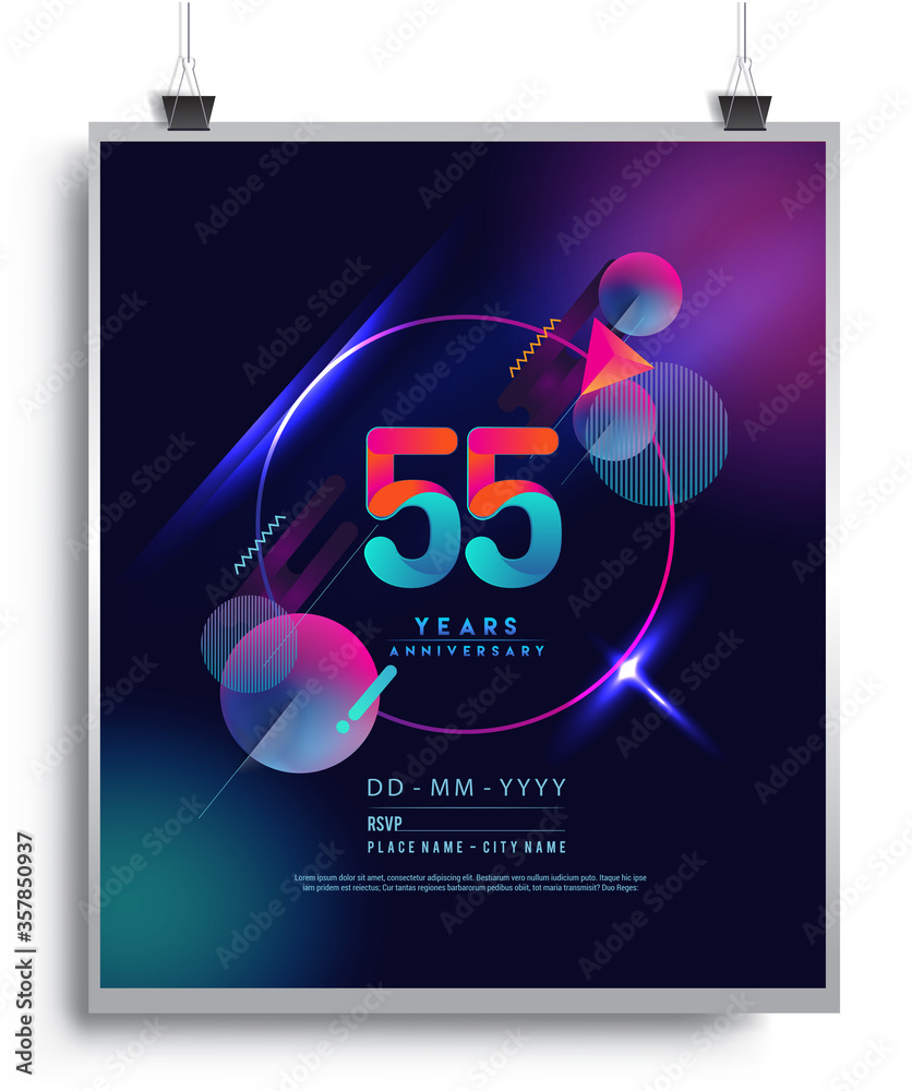 55th Years Anniversary Logo with Colorful Abstract Geometric background, Vector Design Template Elements for Invitation Card and Poster Your Birthday Celebration.