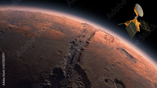 Mars Reconnaissance Orbiter, MRO orbiting Mars. Mars Planet Rotating in the outer space.Traveling to the red planet Mars in space. Elements of this video furnished by NASA. 3d rendring. photo