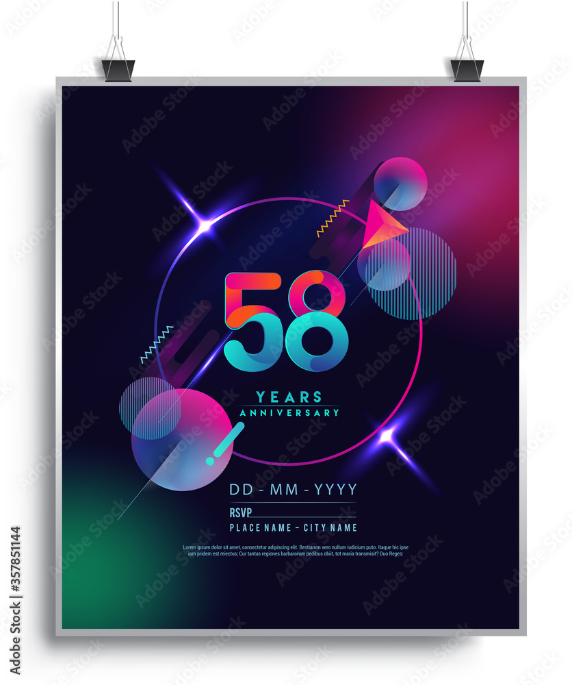 58th Years Anniversary Logo with Colorful Abstract Geometric background, Vector Design Template Elements for Invitation Card and Poster Your Birthday Celebration. 58th Years Anniversary Logo with Colorful Abstract Geometric background, Vector Design Template Elements for Invitation Card and Poster Your Birthday Celebration.